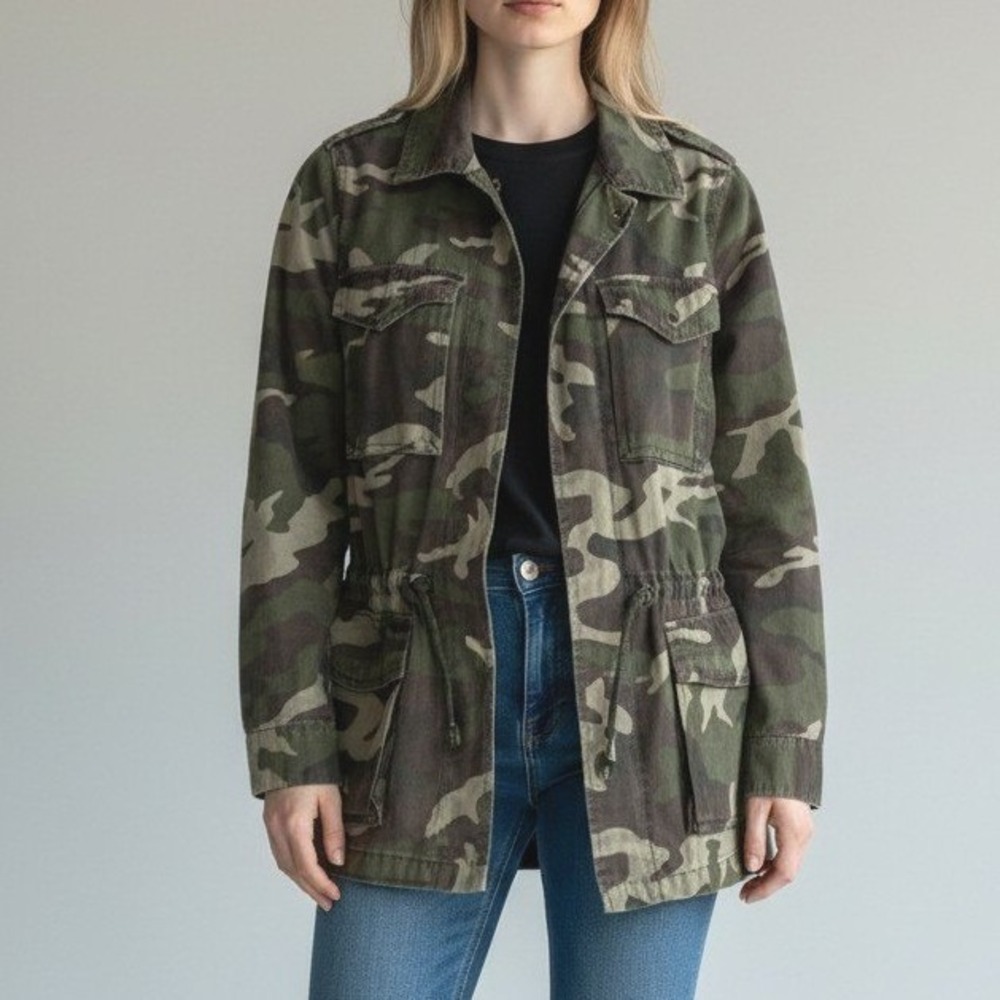 Camo Utility Jacket Cotton Size Small Green Brown Camouflage Zip Cargo Coat